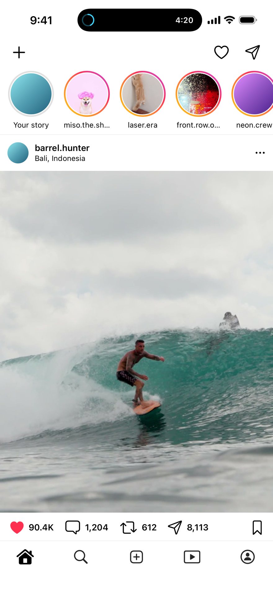 A photo feed styled like Instagram, with stories, likes and a post from Bali